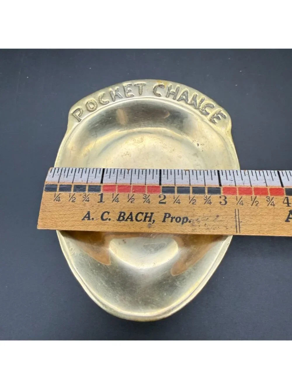 Vtg MCM Solid Brass Pocket Change CHANCE Dish Tray Valet Catchall Rare Misprint